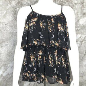 LAUREN CONRAD Black Floral Bird Print Pleated XS